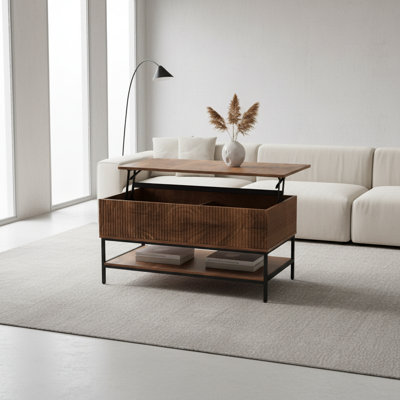 Table basse à plateau relevable Farmhouse 39,4 pouces - brun rustique avec rangement caché et tablette inférieure - Pieds en acier robustes pour le salon