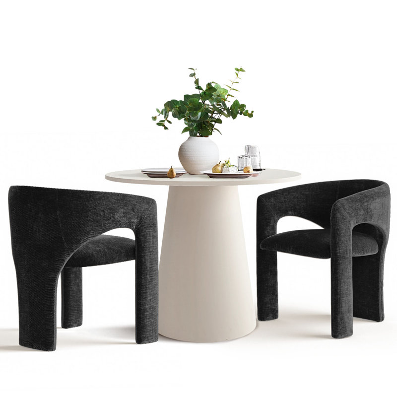 35" Round Pedestal Dining Set With Upholstered Chairs, Black, White