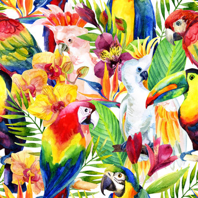 «Loganlee Parrots With Tropical Flowers On Canvas» par Tanya Syrytsyna, peinture