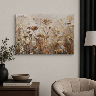 Neutral Toned Dried Wildflowers Field - Pictures Extra Large Framed Canvas Print Wall Art