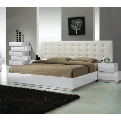 Lit plateforme tapissier en cuir blanc cassé Mcowen 