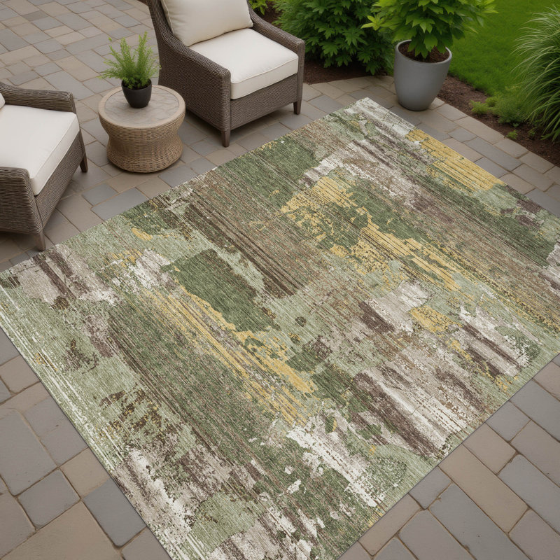 Tapis abstrait lavable à la machine intérieur / extérieur ACN2646, Olive, 3 pi x 5 pi