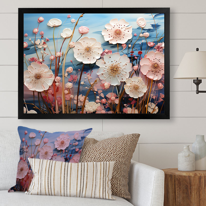 «Blue and Pink Poppy Meadows» - Art mural coquelicots, Cadre d'angle fermé noir, H 30 po x l 40 po x P 1,5 po