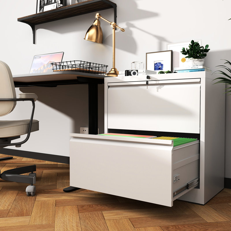 Metal 2 Drawer Lateral Filing Cabinet For Home Office, Large Storage, Quiet Glide, Foldable Key Lock White File With Lock, Cold - Rolled Material, Operation, Interlock