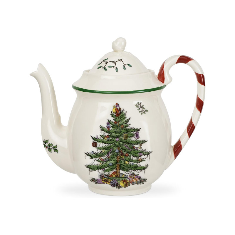 Spode Christmas Tree Candy Cane Teapot, 32 Oz - Festive Holiday Serveware