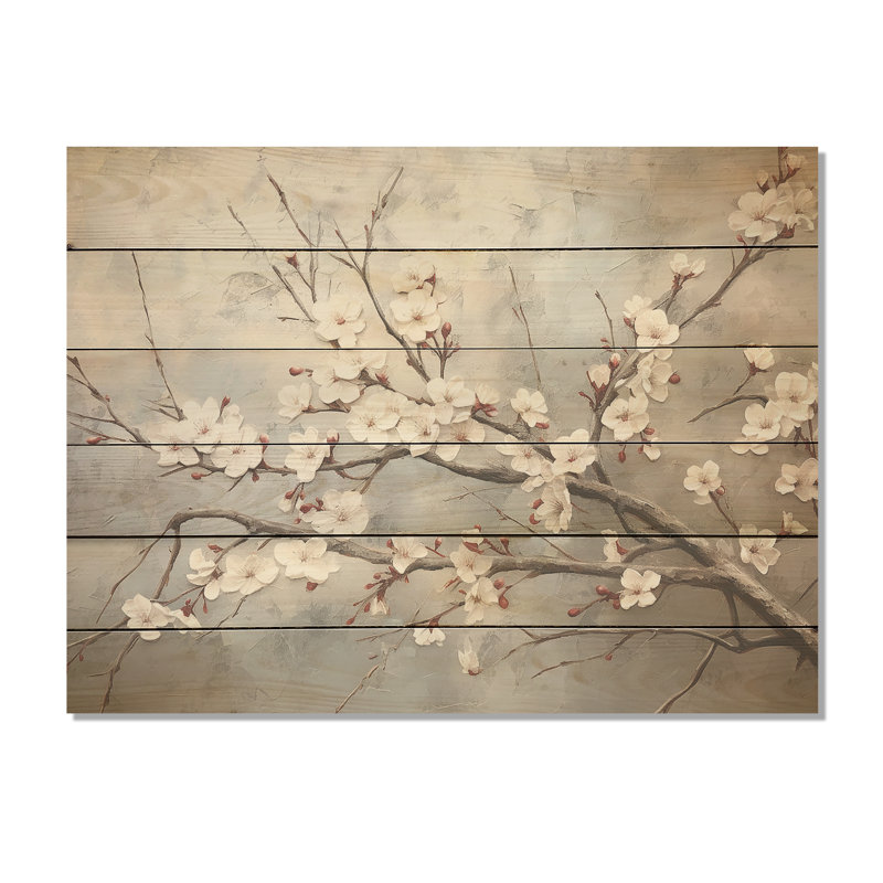 Minimalisme gris et beige fleur de cerisier I - art mural en bois de fleur de cerisier sur bois de pin naturel