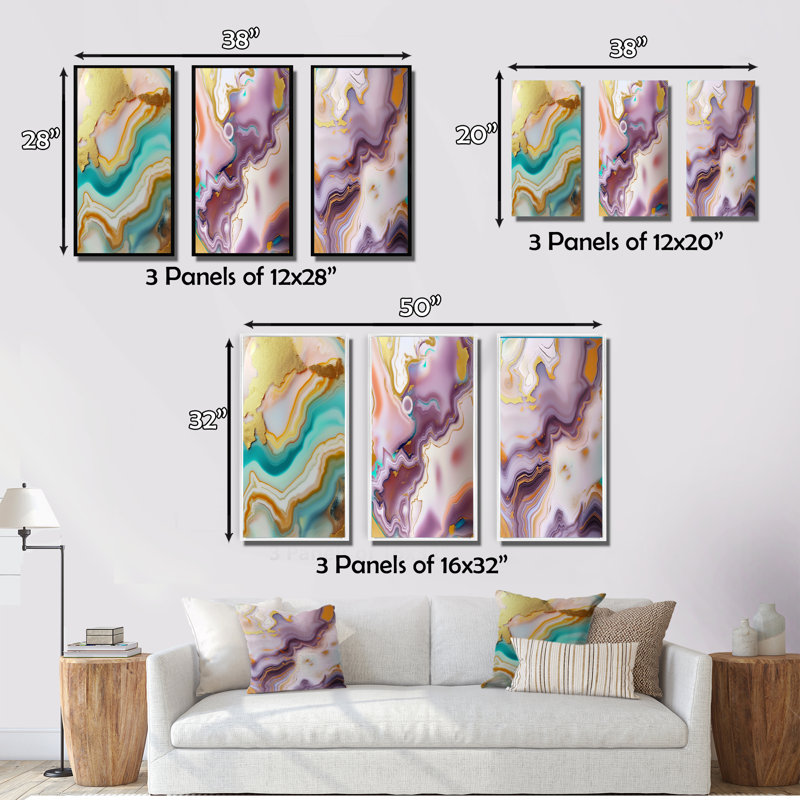 Liquid Art Gold Blue Turquoise Agate - Abstract Shapes Art Set Of 3 Pieces, Cadre blanc, H 40 po x l 60 po