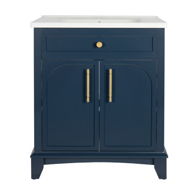 Ensemble de meuble-lavabo moderne 28 po avec surface peinte, meuble-lavabo autoportant de style Mid-Century avec rangement, meuble-lavabo haut de gamme avec tiroirs et poignées en métal, bleu