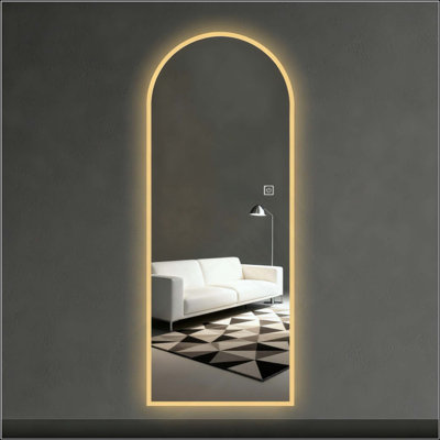 LED Full Length Wall Mirror, Symmetrical Arch Design With Frosted Glass Border, Dimmable Temperature Lighting, Copper-Free Glass, Hardwired Or Plug-In