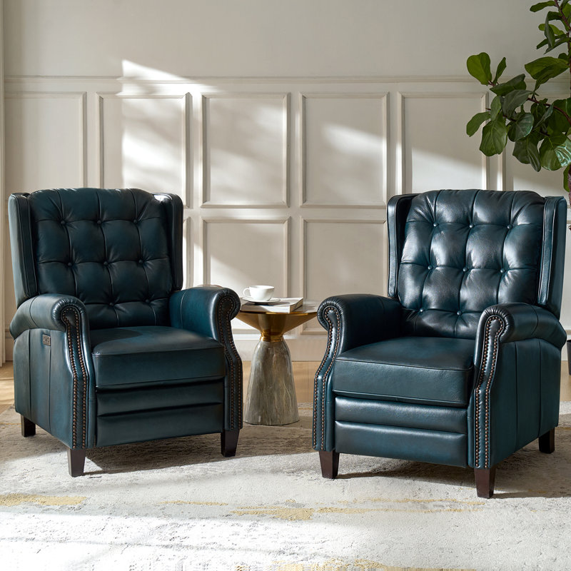 Martina 29.25''W Waxed Leather Power Recliner with Solid Wood Legs(Set of 2), Navy