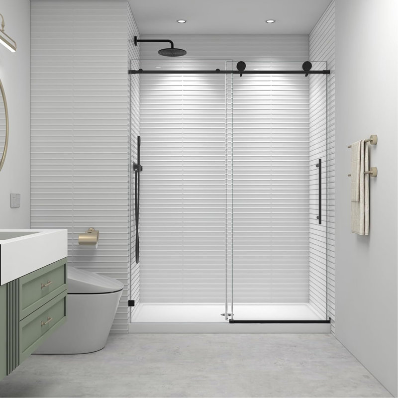L 60 po x H 73 po, portes de douche coulissantes noires sans cadre à fermeture douce, verre trempé anti-déflagrant de 8 mm facile à nettoyer, noir mat