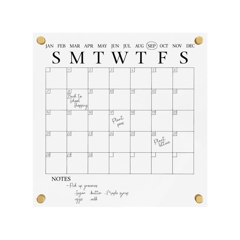 Clear Acrylic Monthly Wall Calendar with Black Print and Dry Erase Marker