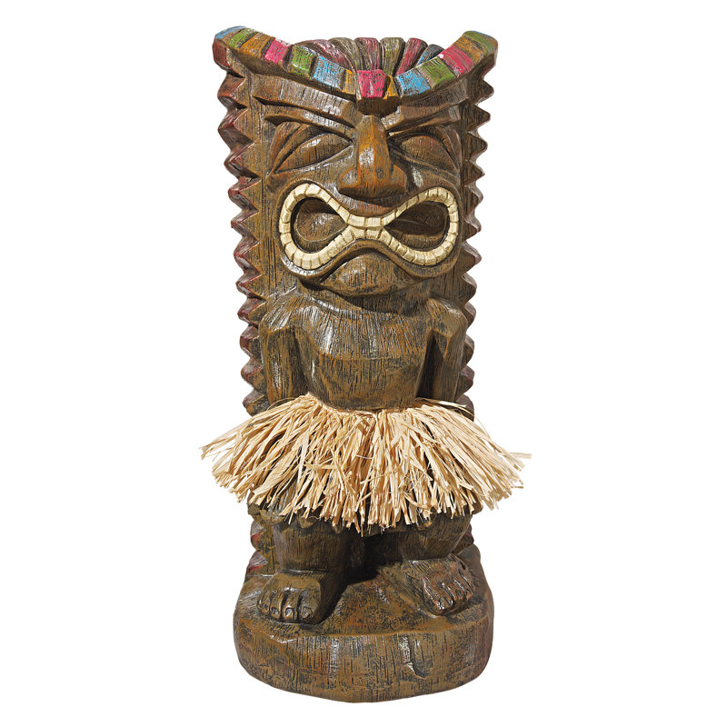 Hand-Painted Polynesian Tiki Totem Statue with Grass Skirt