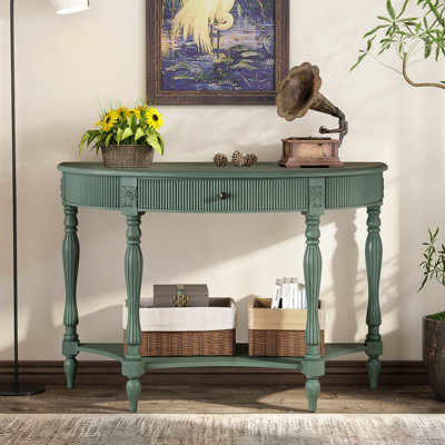 45.27'' Solid Wood Console Table with Drawer and Shelf Half Moon Narrow Space Sofa Table with Roman Column Carved Legs