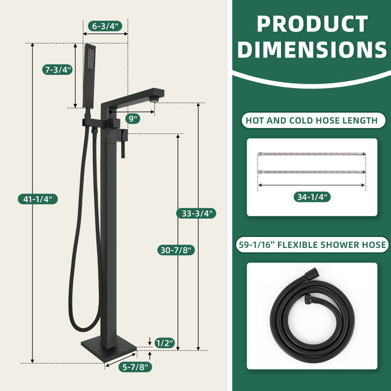 Free Standing Tub Faucet, 360°Swivel High Flow Freestanding Bathtub Faucet with Handheld Shower, Brass Body Tub Filler for Modern Bathroom