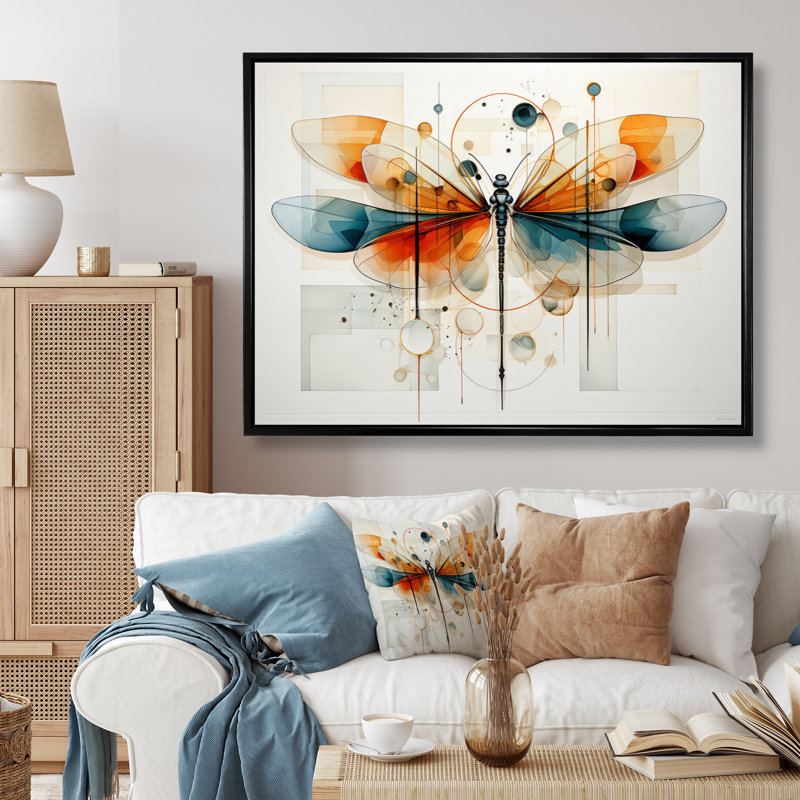 " Teal Dragonfly Ethereal Flight Geometric II ", Black Floater Framed, 34" H x 44" W x 1.5" D