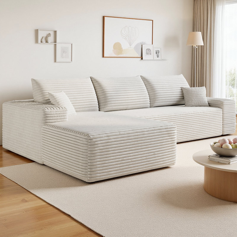 Boneless 107" Cloud L-Shape Sectional Sofa Plush Corduroy Fabric Modular Couch with Left Chaise, Deep Seat Upholstered Couches for Living Room, No Assembly Required