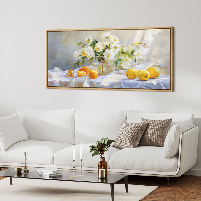 Nature morte avec des fleurs blanches et des agrumes, illustrations rétro prêtes à être suspendues, H 30 po x l 60 po