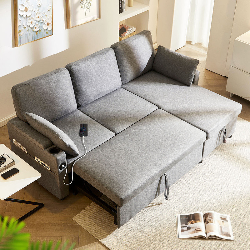 3 Seater Sofa Bed, 2-In-1 Pull-out Sleeper Couch with Storage Chaise and Armrest, Sectional L-Shaped Convertible Sofa Bed with USB & Cup Holder for Apartment Living Room Fabric
