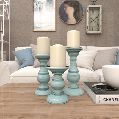 3 Piece Wood Tabletop Candlestick Set