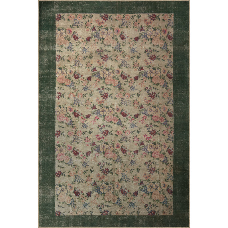 Tapis décoratif vert et beige à motif floral rose et vert, Tapis de couloir 3 pi 9,81 po x 9 pi 10,11 po