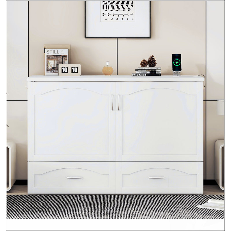 Grand lit escamotable mural avec tiroir et un ensemble de prises et de ports USB, structure à poulie