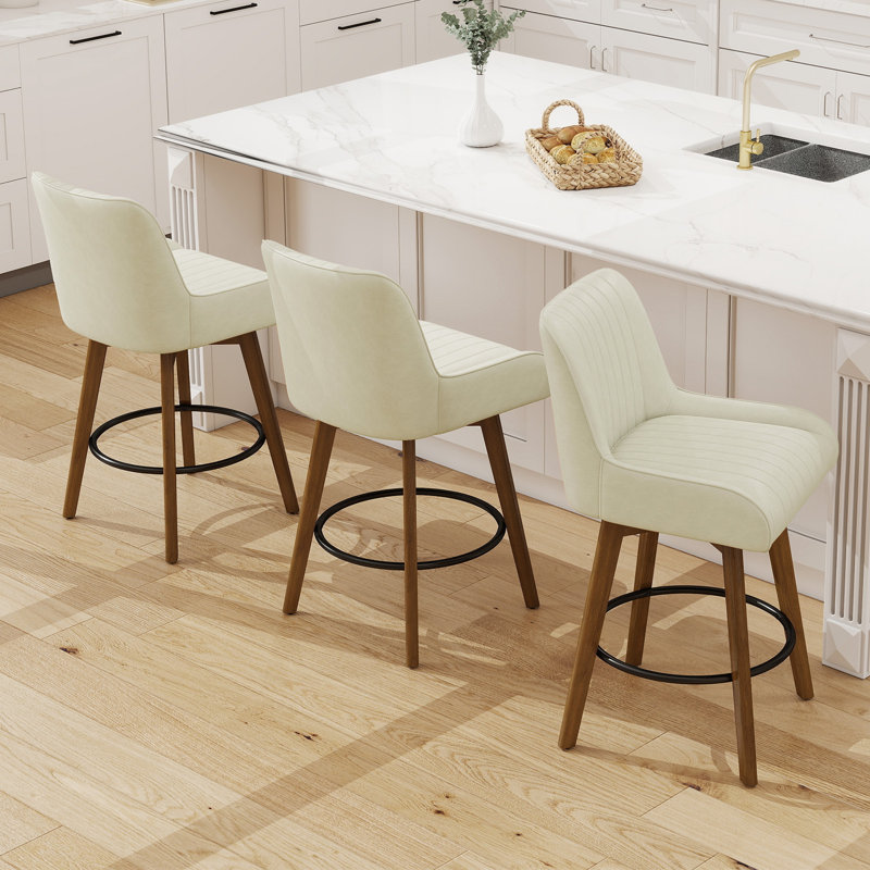 Extra-Wide 360° Swivel Bar Stool With Pocket Spring Seat & Solid Wood Base, Beige