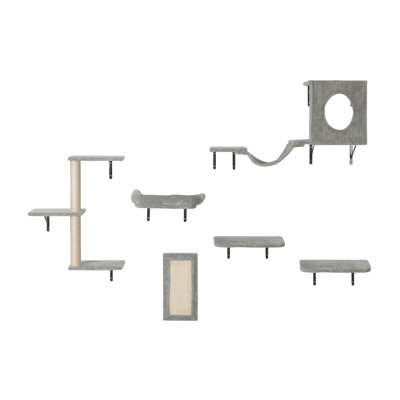 Wall-Mounted Cat Shelf System with Hammock, Sofa, and Jumping Boards - 6-Piece Set in Light Grey