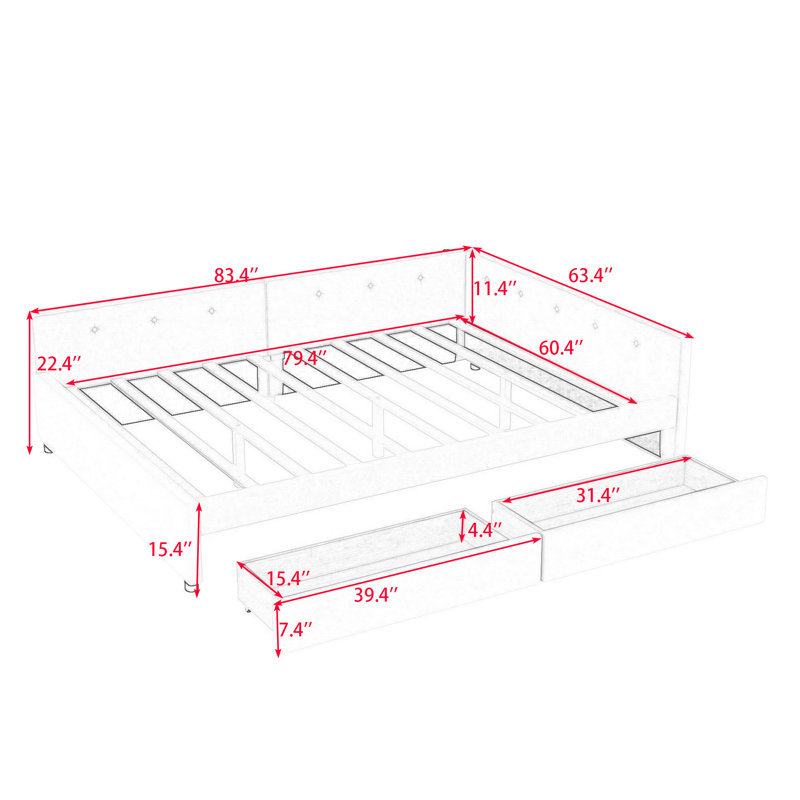 Two Drawers Upholstered Platform Bed with USB, Queen