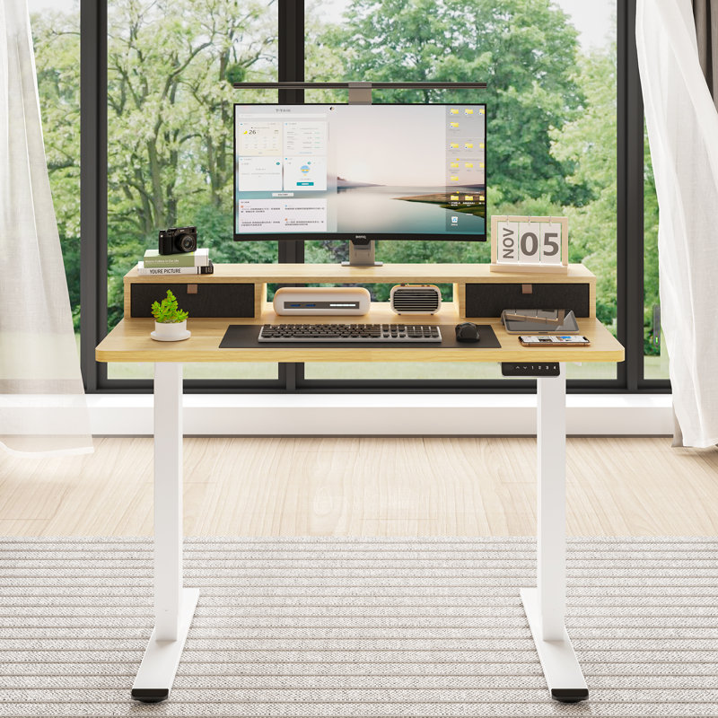 Bureau debout à hauteur réglable avec 2 tiroirs Lysandre Home Office, H 48,6 po x l 47,3 po x P 23,6 po, Naturel / Blanc