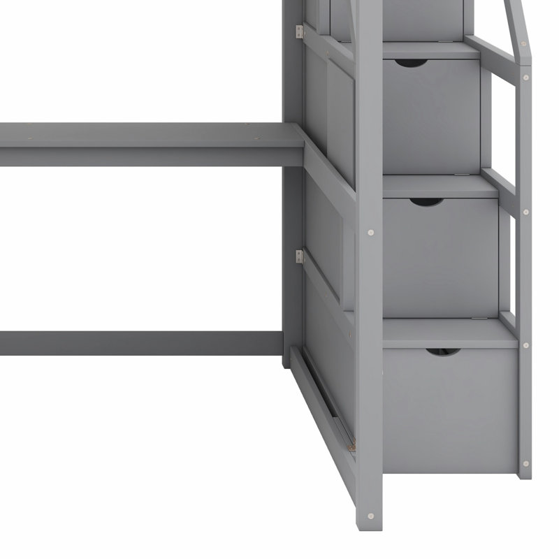 Loft Bed With Desk And Shelves, Two Built-In Drawers, Storage Staircase, Gray