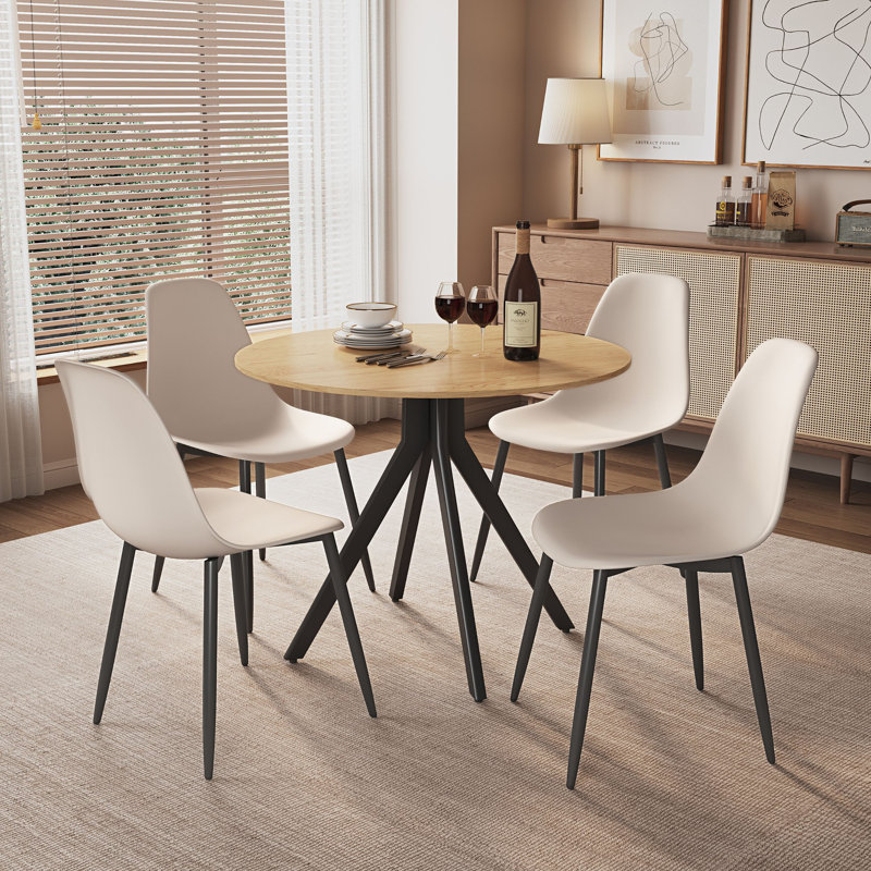 Aspen 5-Piece Casual Dining Set - Spacious Round Table & 4 Curved Plastic Chairs, White, Calico