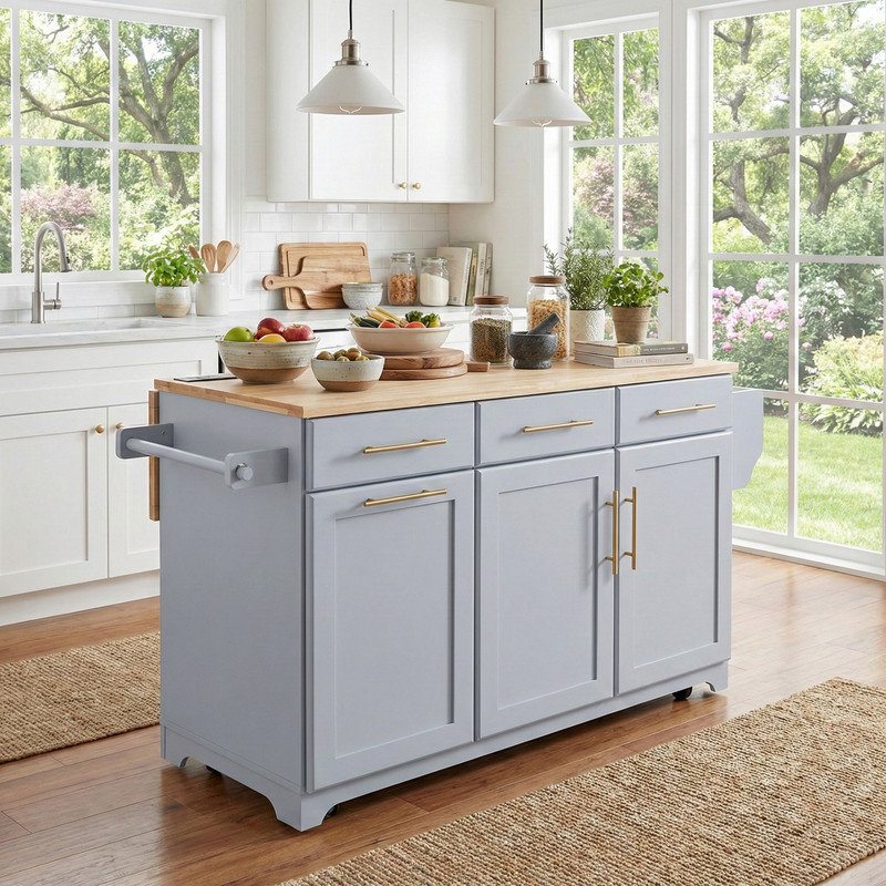 59.3" Wide Rolling Kitchen Island with Drop Leaf & Trash Can Storage, Blue Gray
