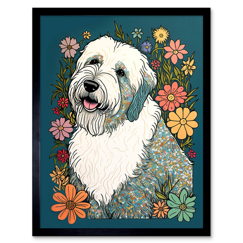 English Sheepdog With Multicolour Daisies Bright Flowers Modern - Single Picture Frame Print