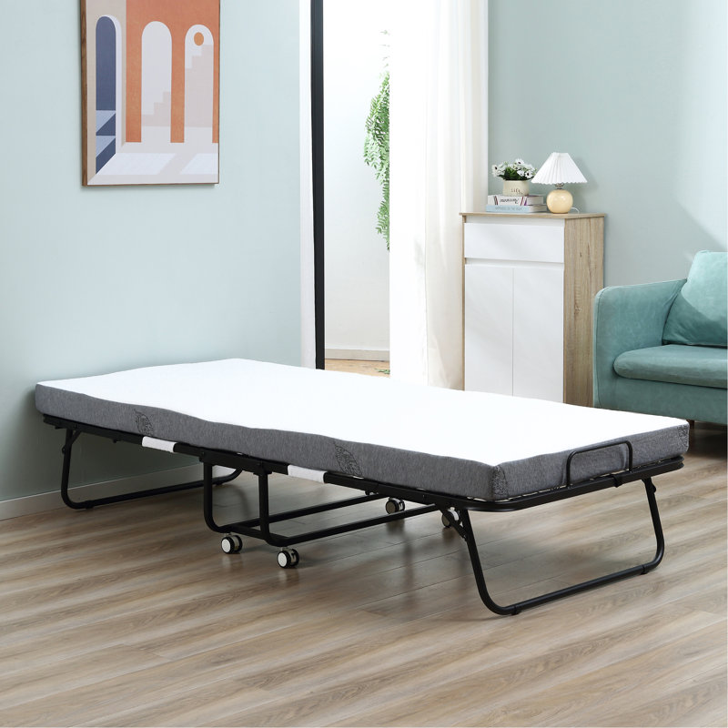 Rollaway Bed, Folding Bed With 4" Mattress, Portable Foldable Guest Bed With Sturdy Metal Frame And Wheels, 78.75"X35.5"X16.75", White