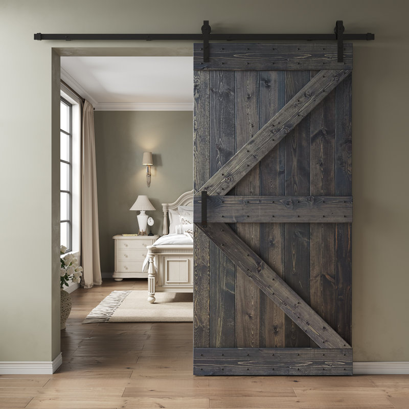 Porte de grange nouée à panneaux en bois et métal K Series, 42 po x 84 po, Carbone carbone