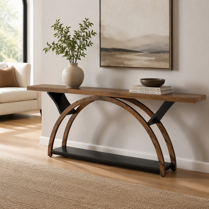 Console à 2 niveaux, table d'entrée 70,9 po avec structure en demi-lune, Brown / Black, Brown