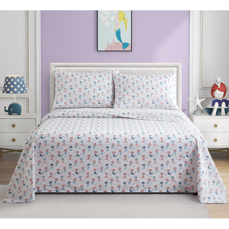 Ensemble de draps en coton à motif de sirène pour enfant 4 pièces Marina, Ensemble de draps pour lit double + drap-housse + 
