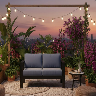 50" All-Weather Aluminum Patio Loveseat With Thick Blue Cushions & Black Frame