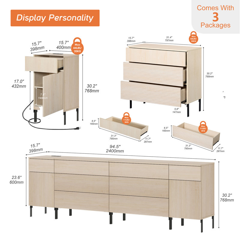 Armoire d'appoint 94,5 po à 8 tiroirs en bois 94,9 po avec design Reeded, Beige