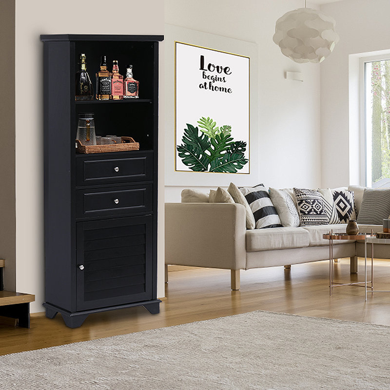 Armoire de rangement Arthelia, armoire de salle de bain autoportante en bois avec 2 tiroirs, armoire de rangement latérale avec tablette réglable pour salle de bain, salon, cuisine, salle d'étude, noir
