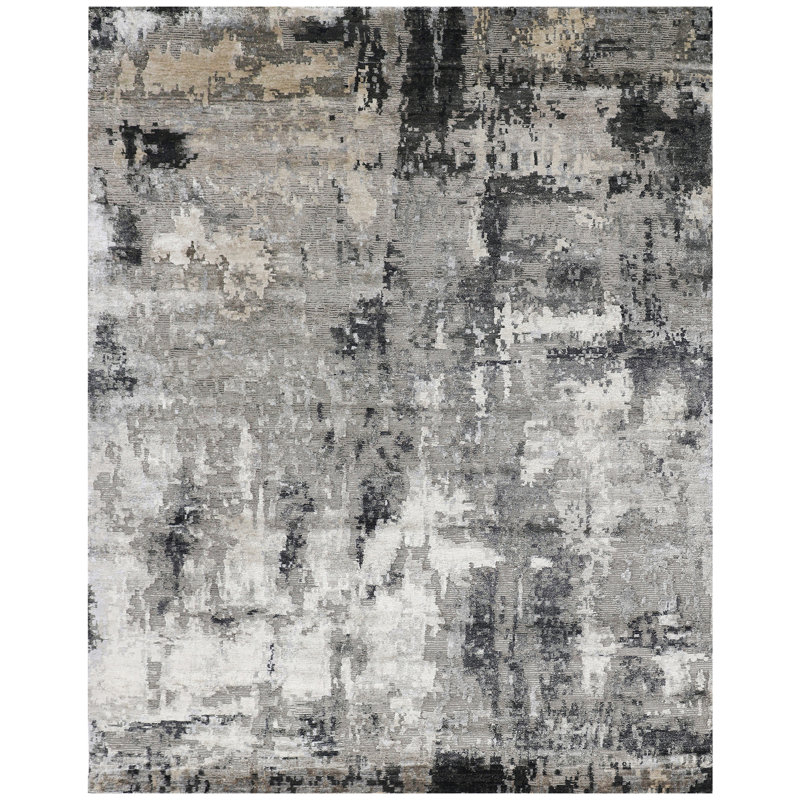 Tapis gris et argent noué à la main de haute qualité, Rectangulaire 8 pi x 10 pi