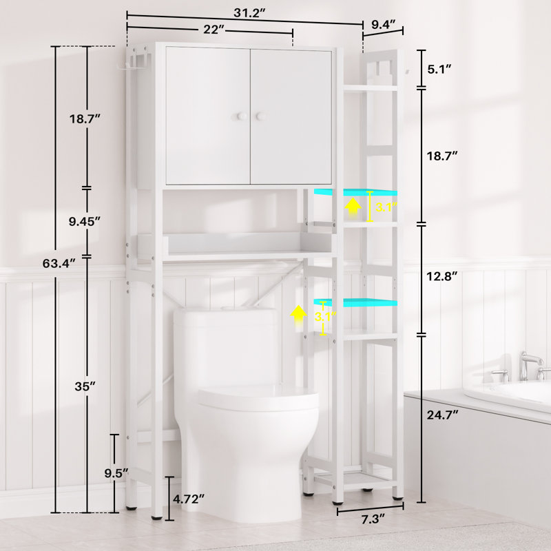7 Tier Over The Toilet Storage Cabinet With Doors, Bathroom Organizer With Adjustable Shelf, White