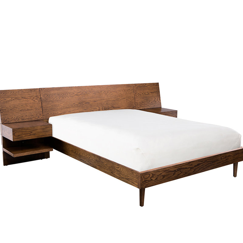 Queen Bed With 2 Attached Nightstand Shelf Slots Size Nightstands In Pecan Wood Shade And Built-In Storage, Queen