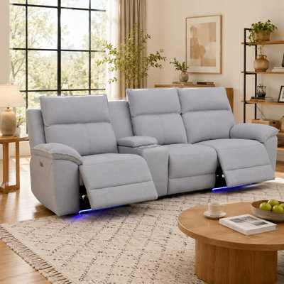 Canapé inclinable électrique à 3 places d'une largeur de 122,5 po avec console centrale, chargement sans fil, ports USB et éclairage DEL bleu