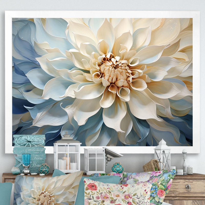 Blanc et bleu fleur de dahlia minimalisme - art mural dahlia, H 16 po x l 32 po x P 1 po, Cadre blanc