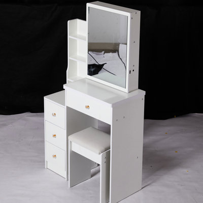 Small Sized Left Vanity Table With Cushioned Seat, Large Sliding Mirror, Multi-Layer Storage, High Capacity Dresser For Rooms, White Compact Bedside Vanity, Includes Chair & Extra Elegant Spaces