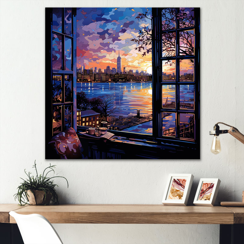 «Blue Nyc At Night Window View I - New York City», art mural, Toile tendue, H 16 po x l 16 po x P 1 po