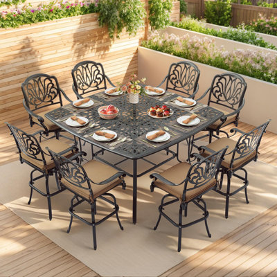 9-piece Outdoor High Patio Dining Set, Free-rust Cast Aluminum Patio Bar Table And Chairs Set With 8 Swivel Bar Stools & 63.98" Bar Height Dining Tabl by Canora Grey