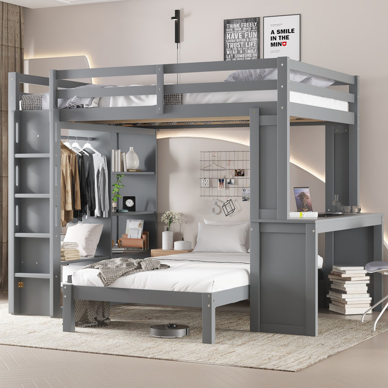 Bunk Bed With Dismountable Lower Bed And Desk, Solid Wood Bunk Beds Frame With Built-In Shelves And Wardrobe, Can Be Converted Into Loft Bed